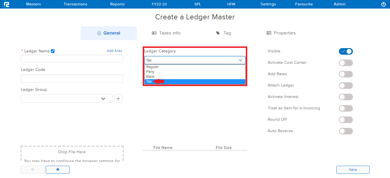 Select Tax category in ledger