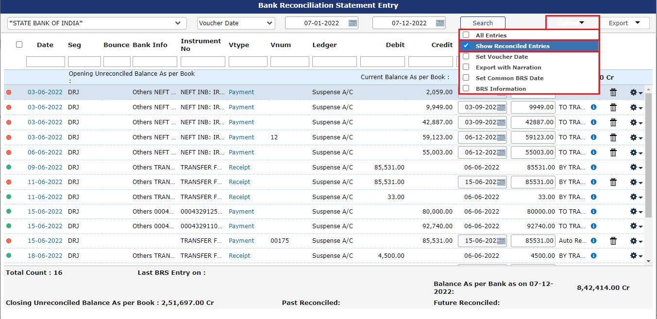 Show reconciled entries