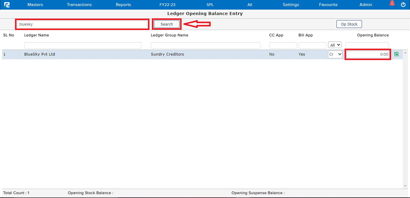 Single search in opening Balance