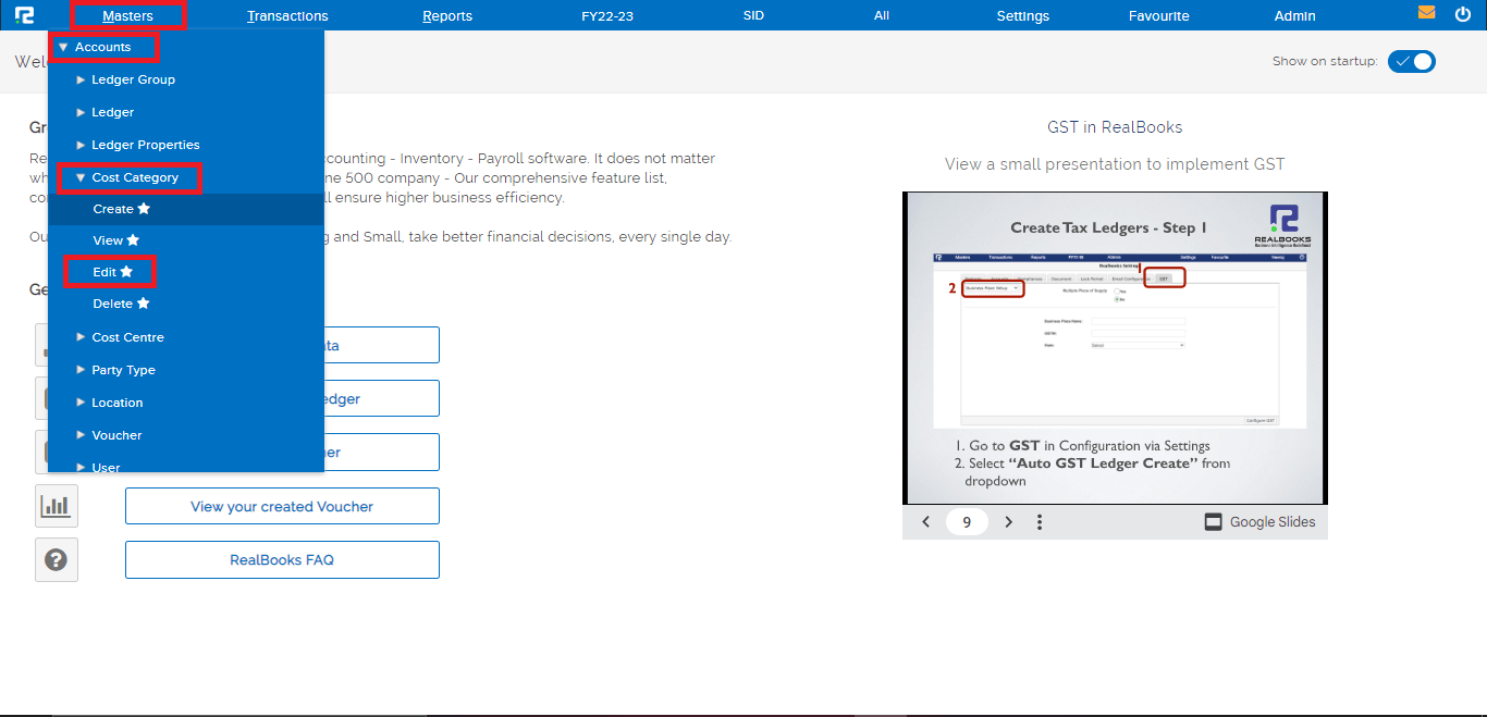 Steps for edit a cost category