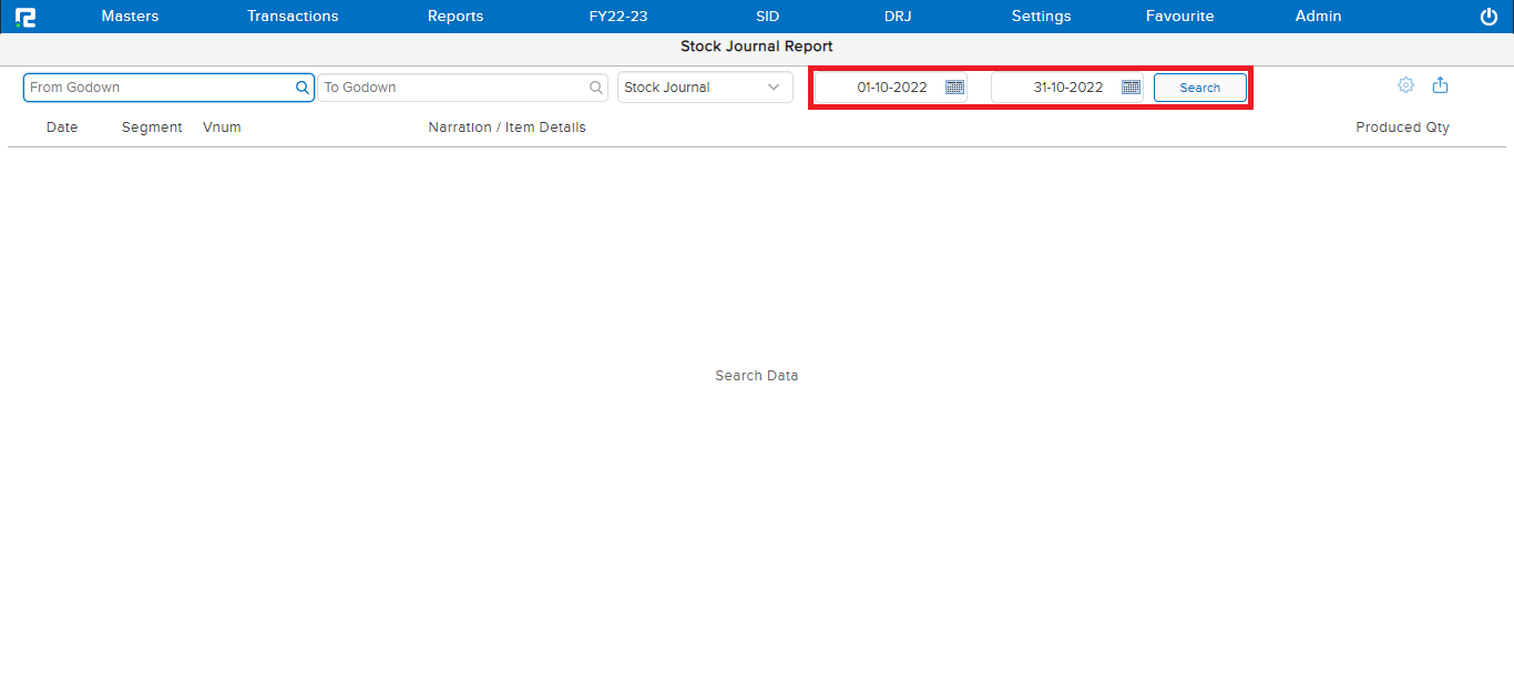 Stock journal report screen