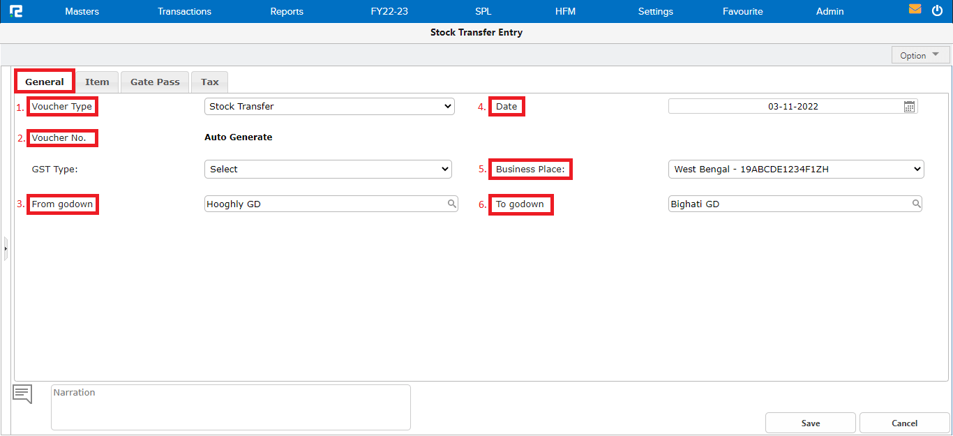 Stock transfer entry page