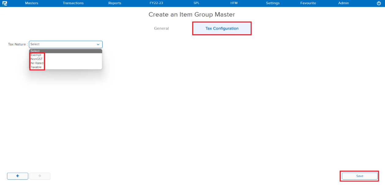 Tax Configuration Screen