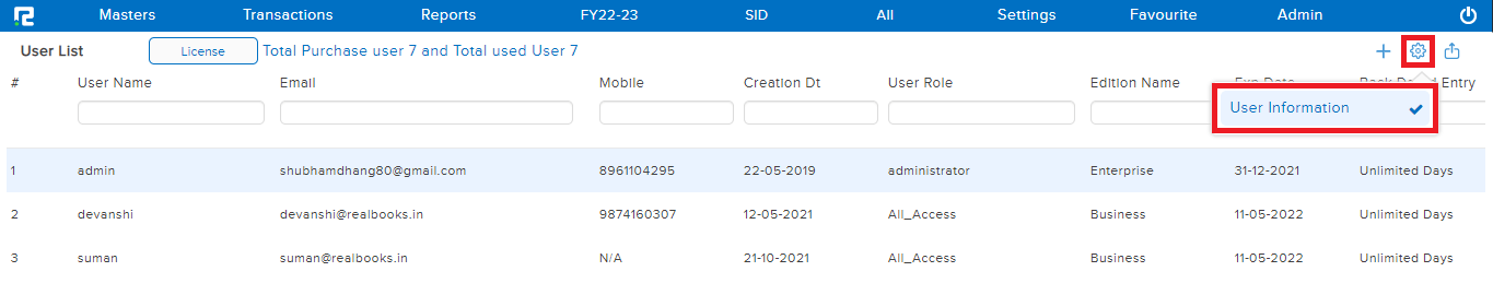 User information option