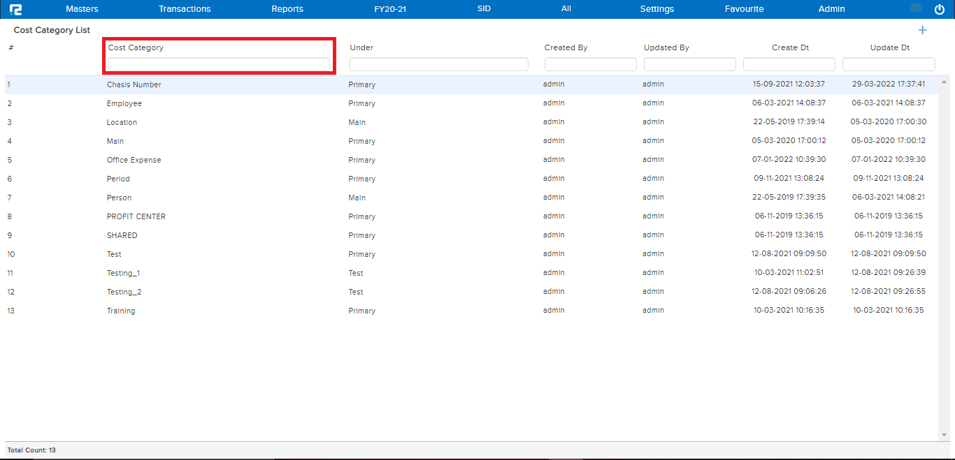 View Screen Of Cost Category