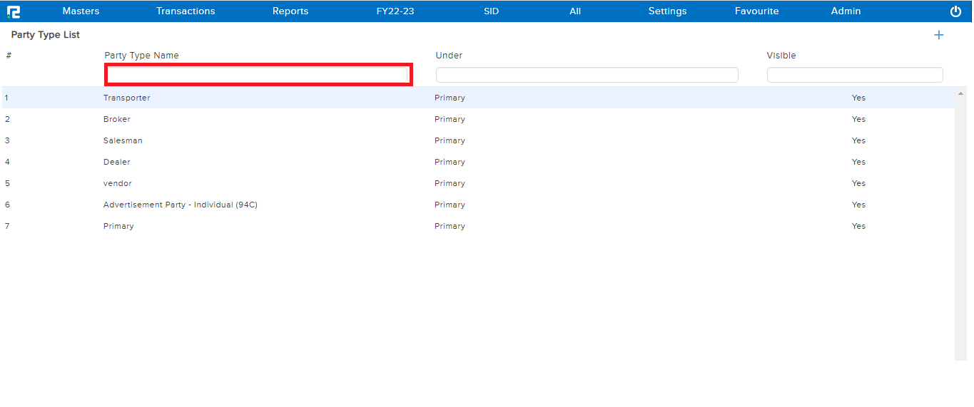 View Screen of Party Type