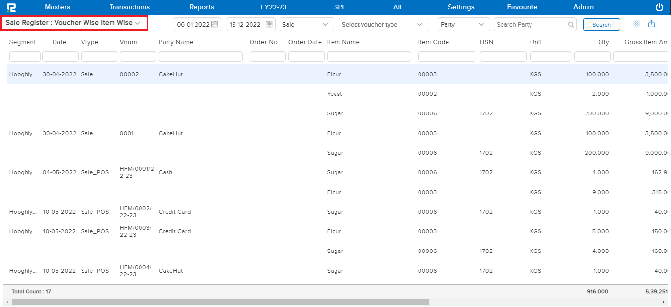 Voucher wise item wise