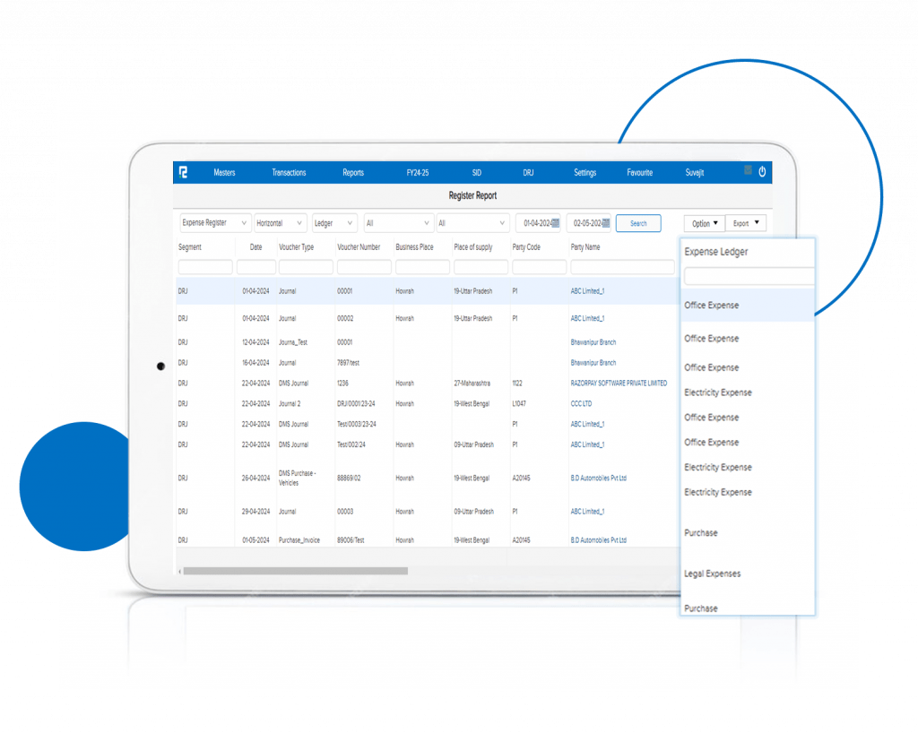 Row Wise Expense Ledger Register Report