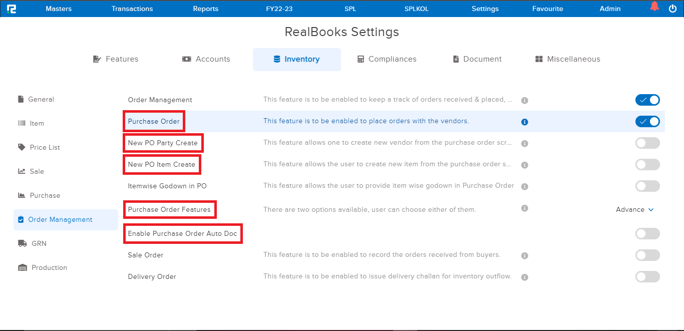 Enable purchase order and more options