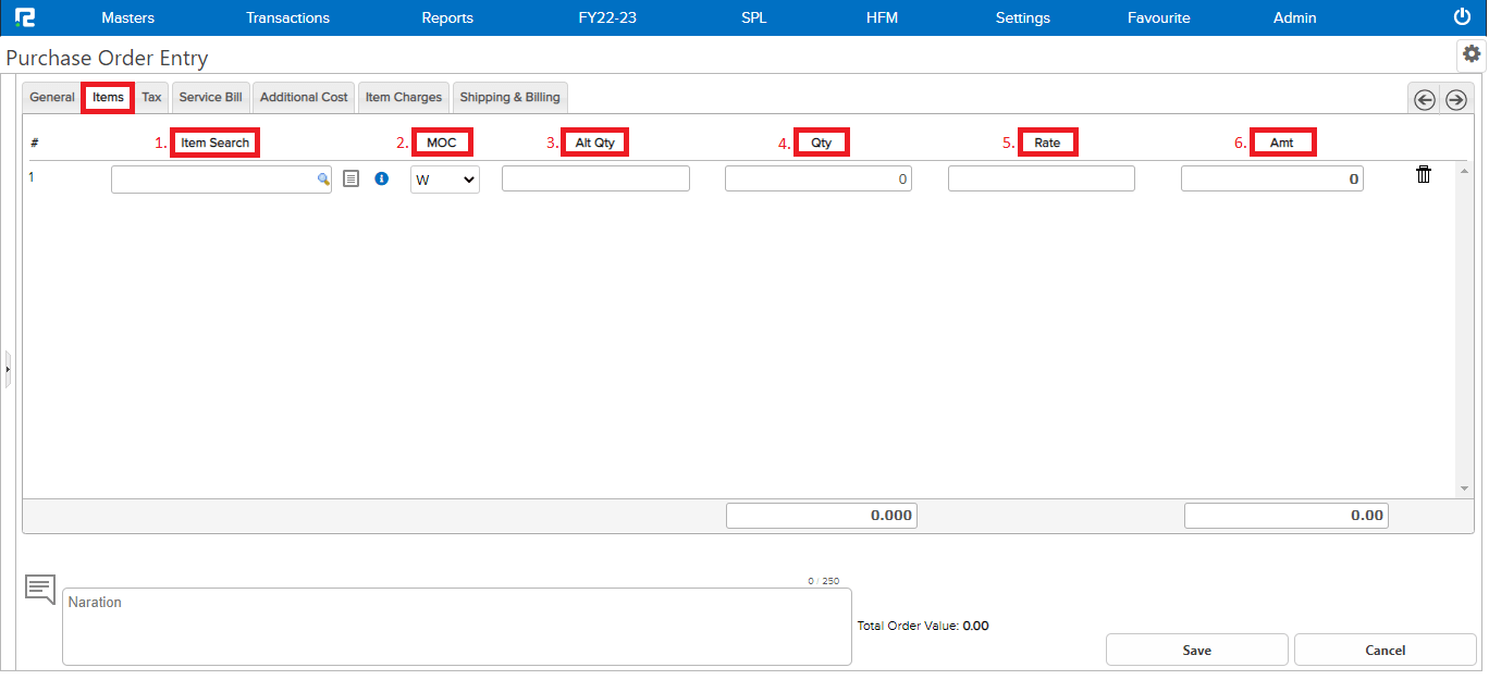 Purchase Order item screen