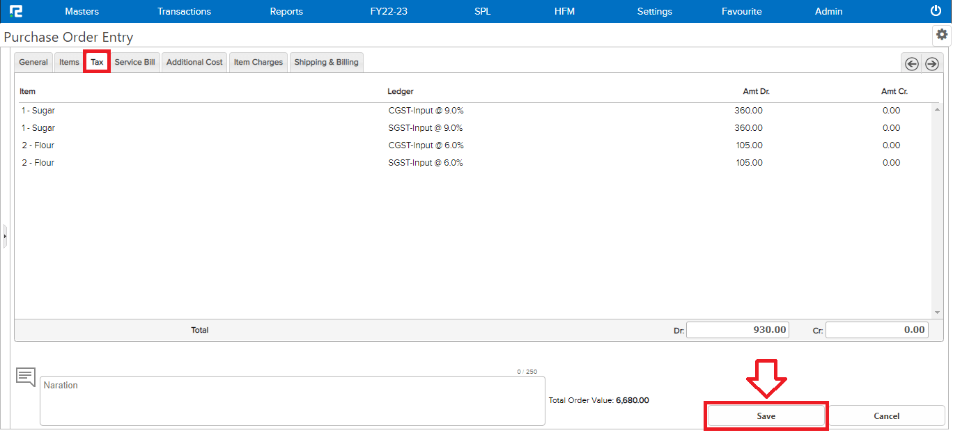 Purchase Order Tax tab
