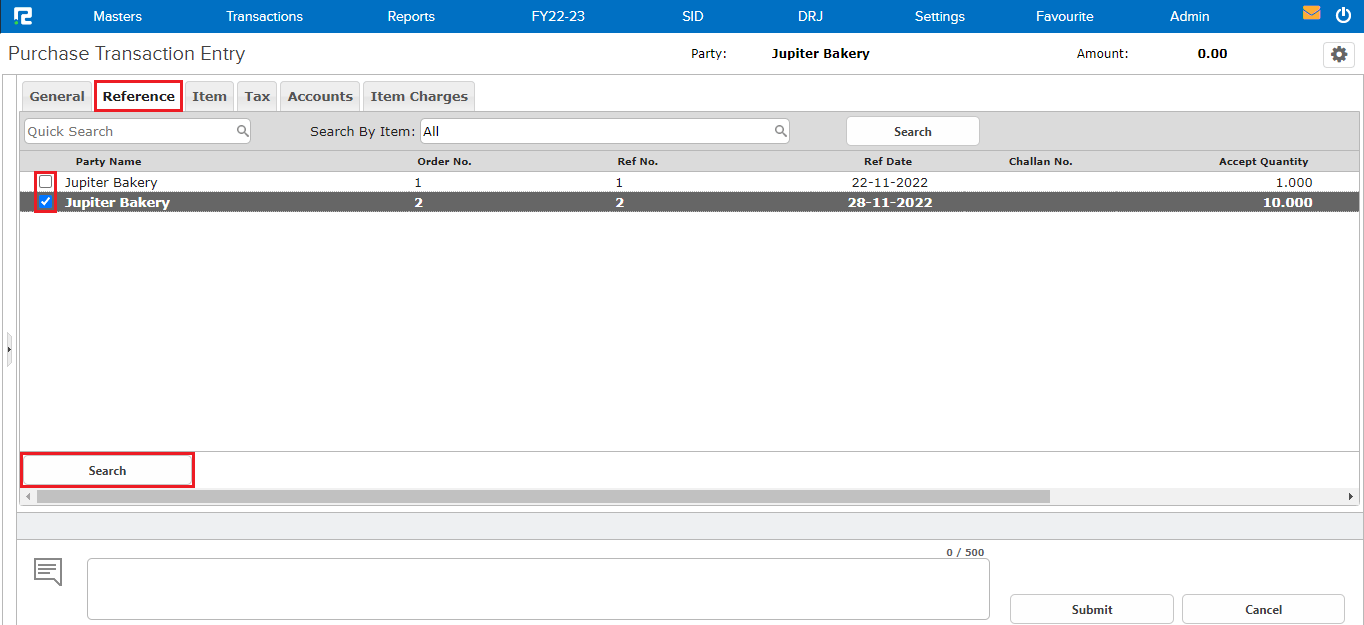 Purchase reference tab