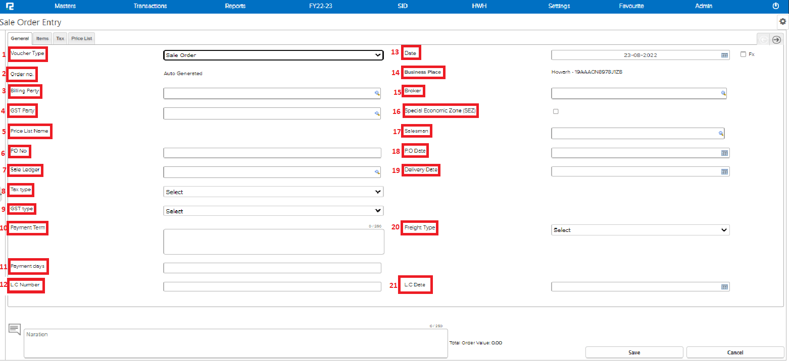 Screen for Sale Order Creation