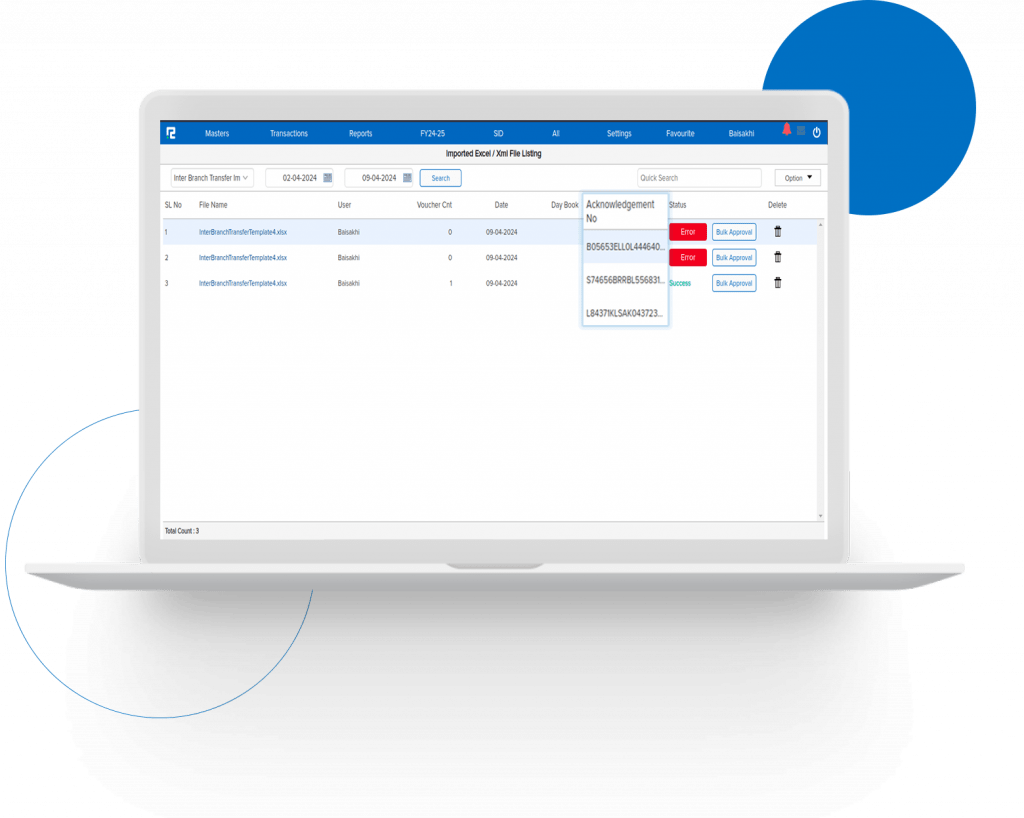 Ack No. Req In IBT Import Listing