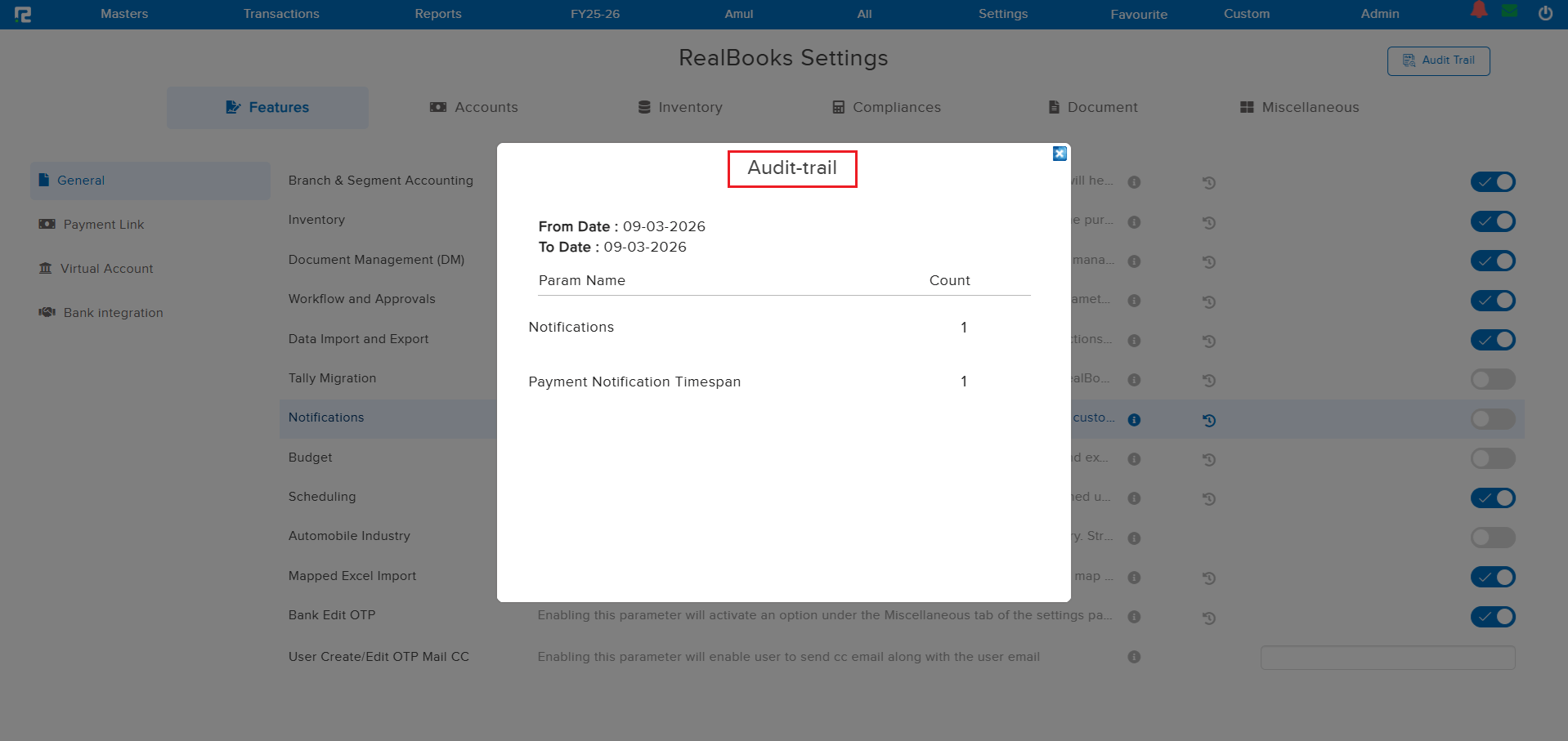 Parameter Wise Audit Trail