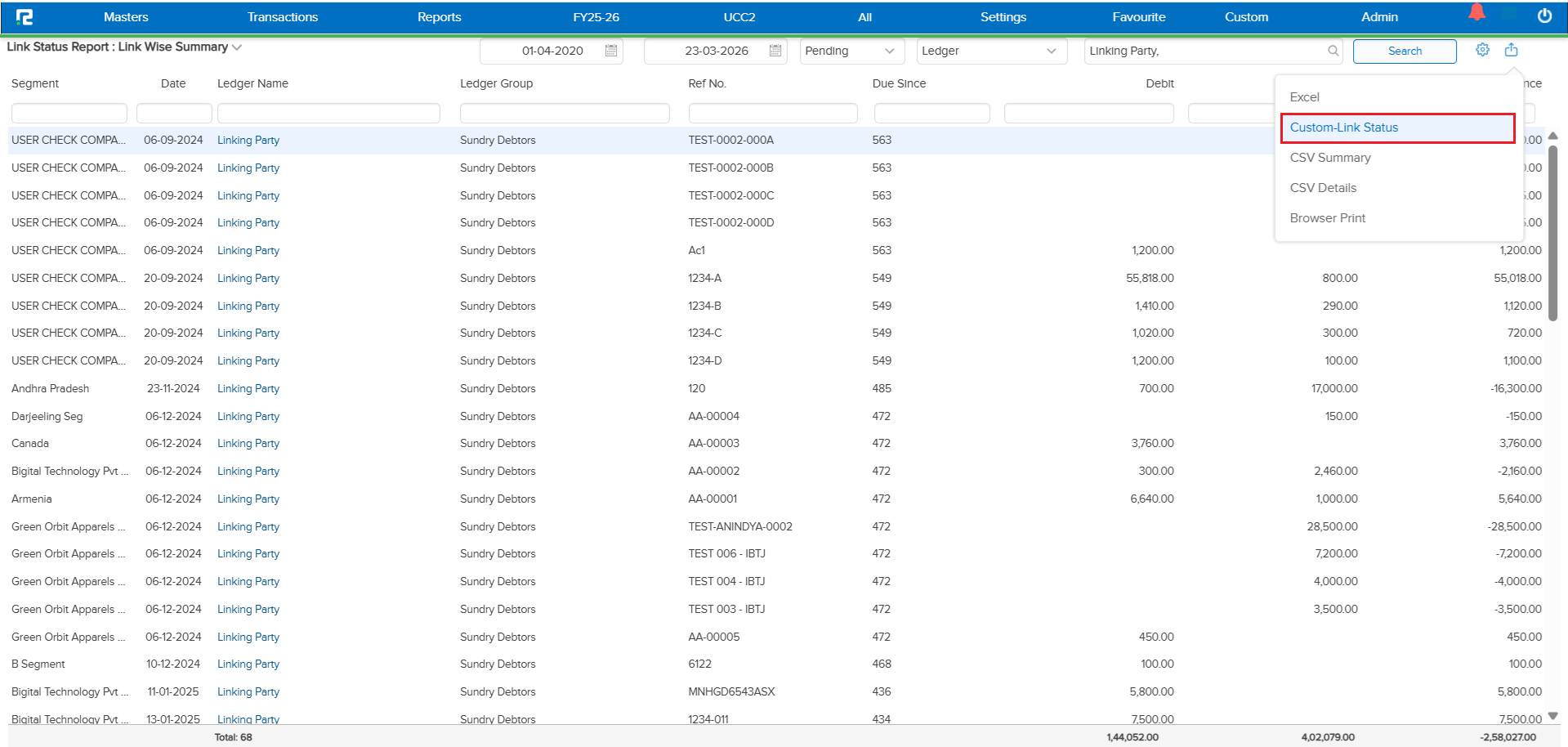 Link Wise Summary with opening balance