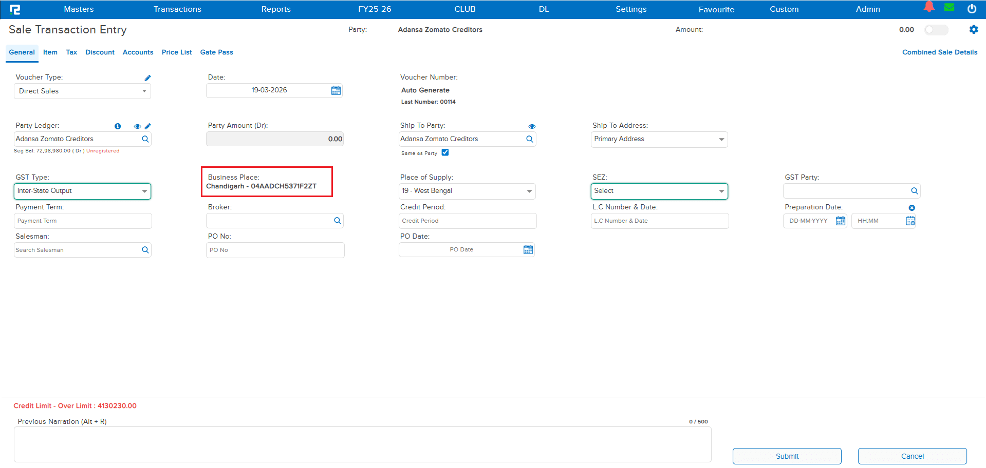 Business Place validation on Sales