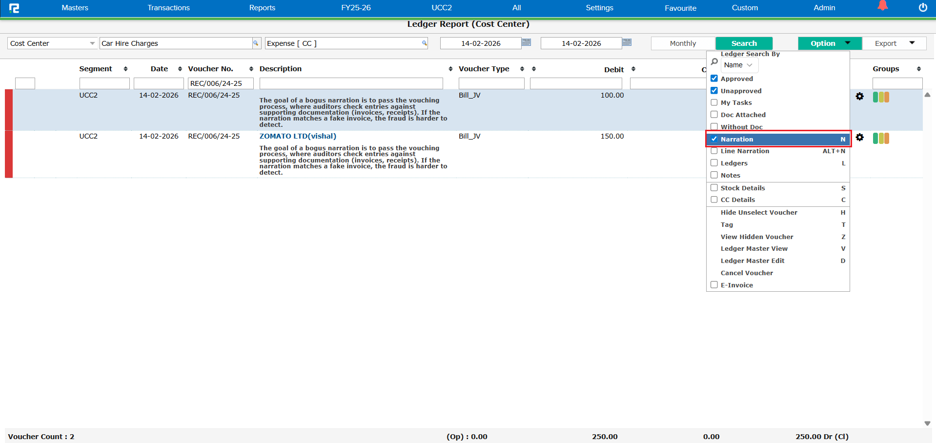Incorrect narration data