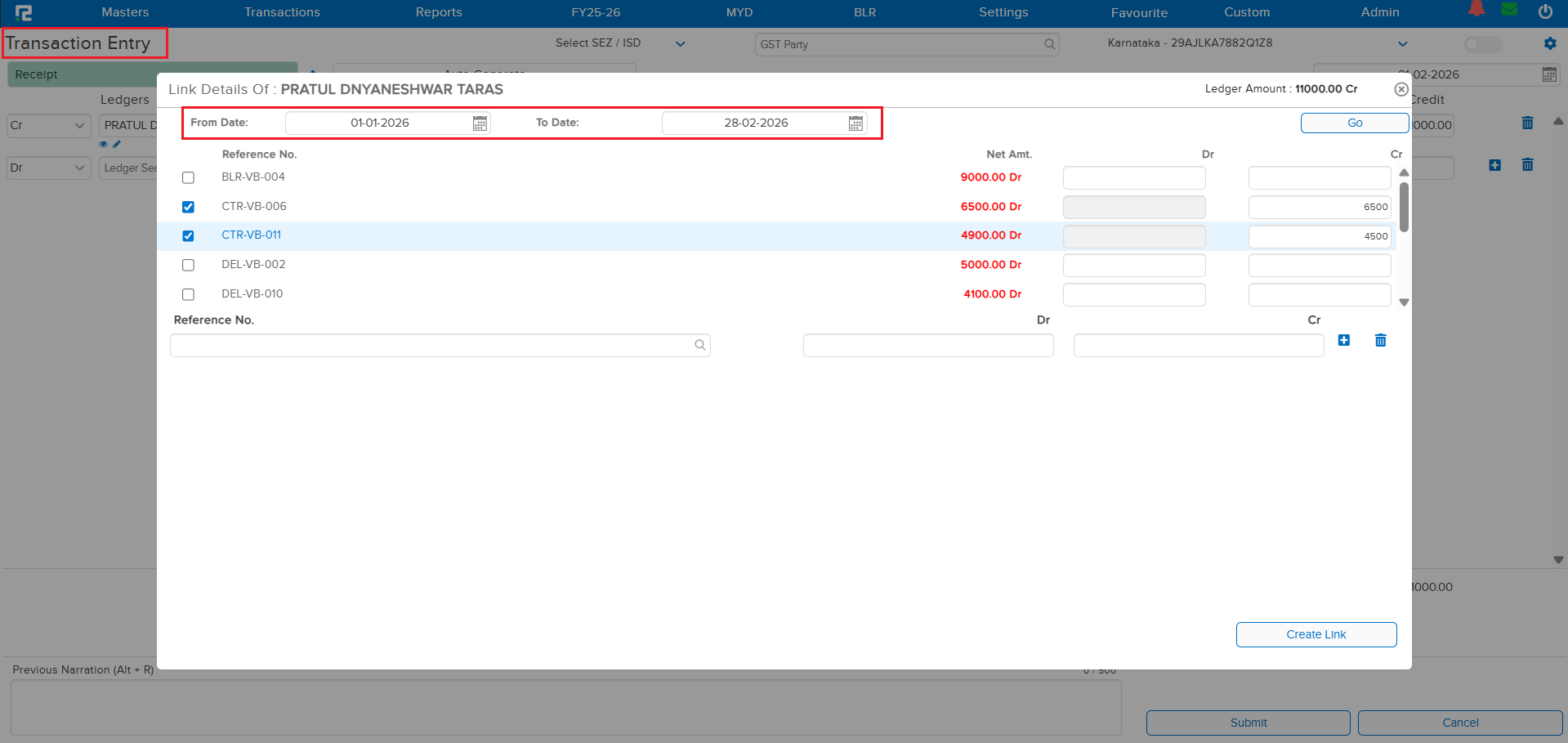 Link Search date range entry