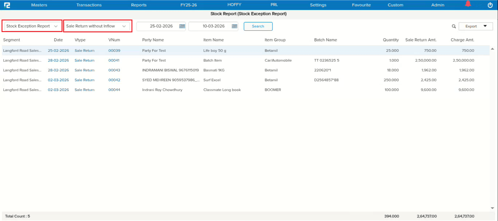 COGS Sale Return Exception Report