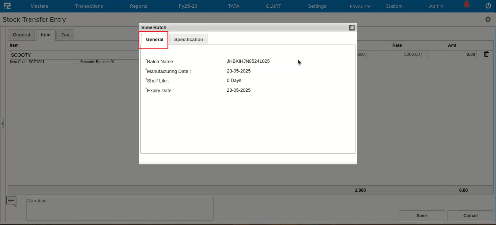 Batch specification visible
