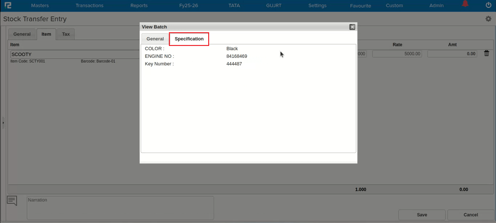 Batch details during transfer