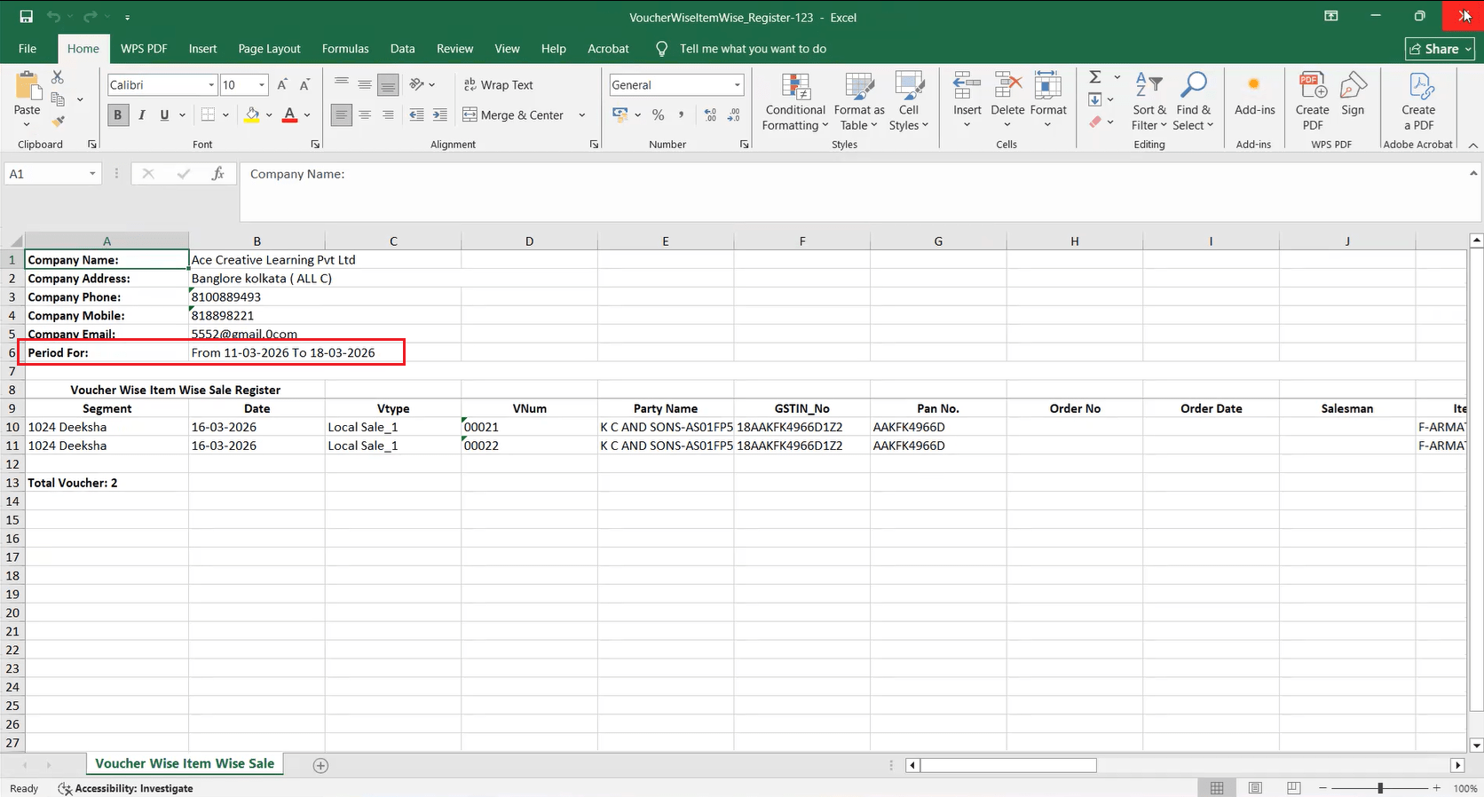 Sale Register date in Excel