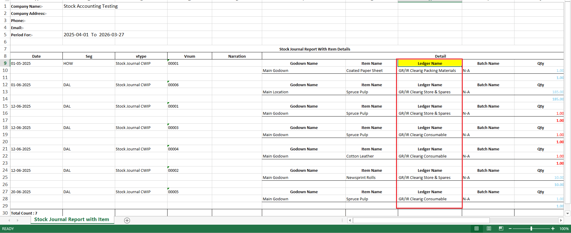Ledger in exported Excel