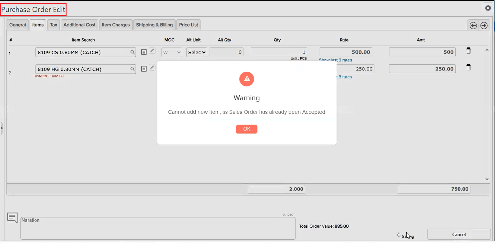 Validation error on locked PO