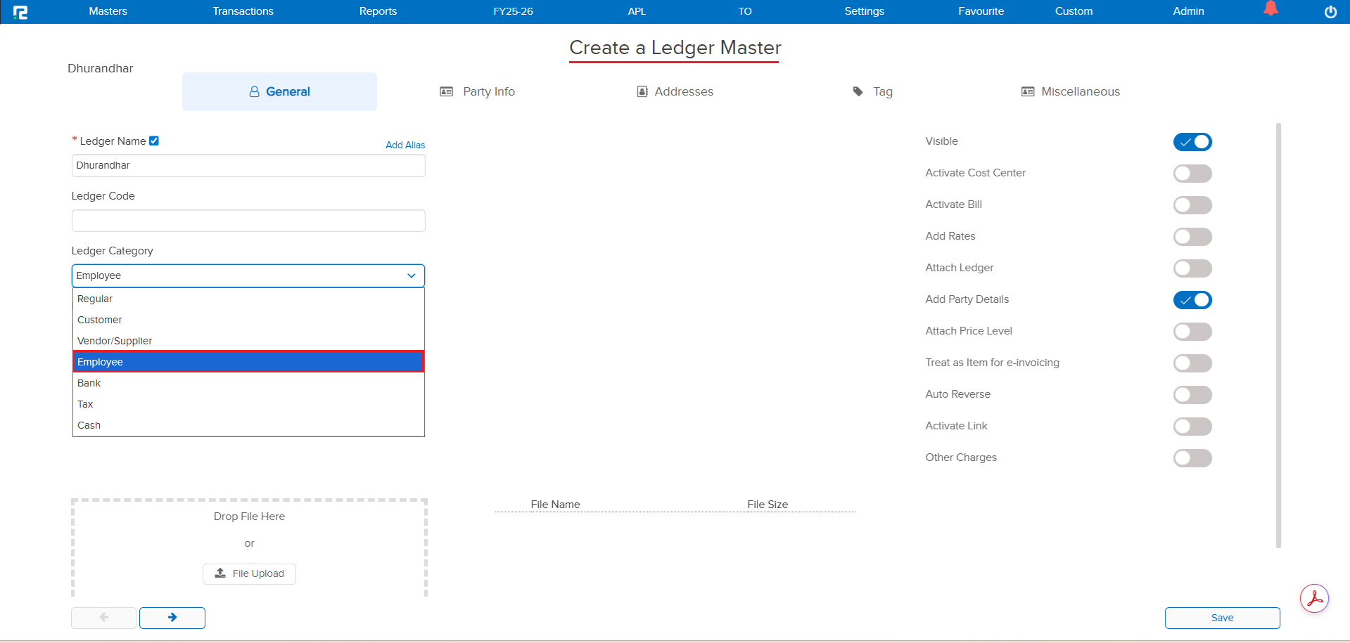 Employee category in Ledger Master
