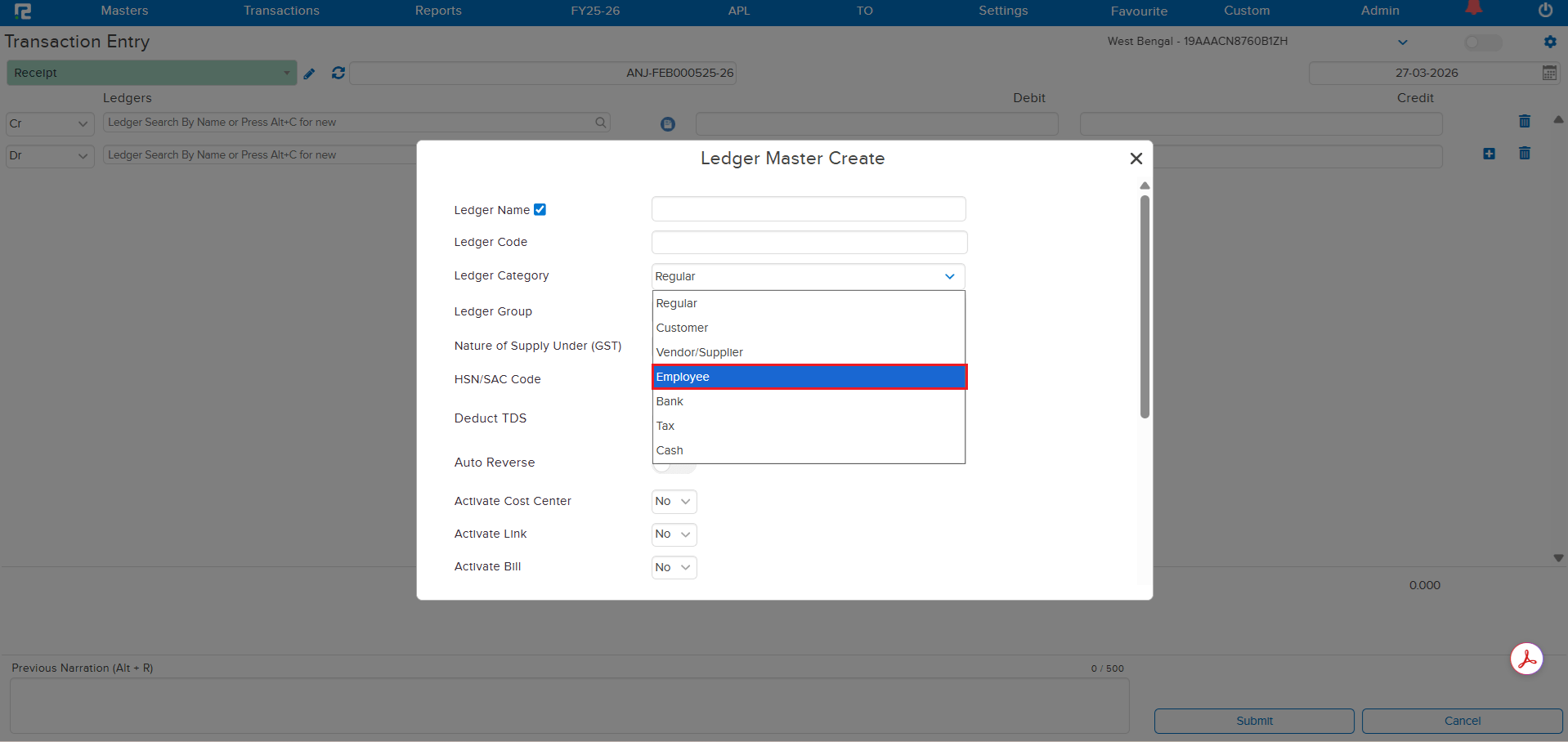 Ledger creation with Employee