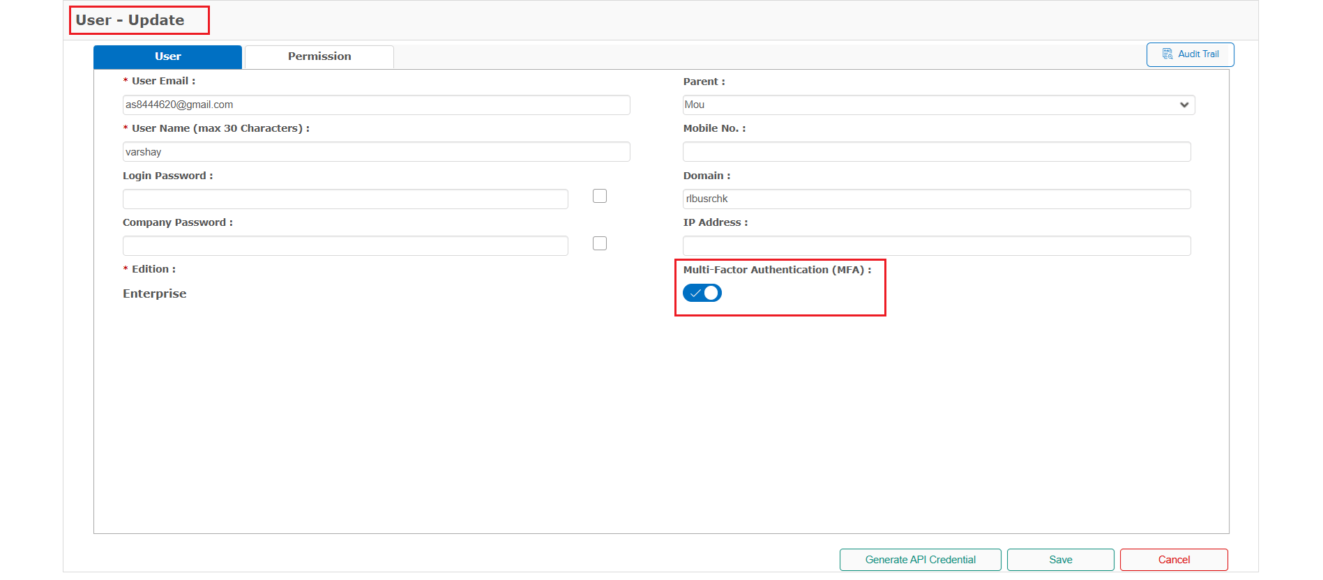 MFA enabled in User Master