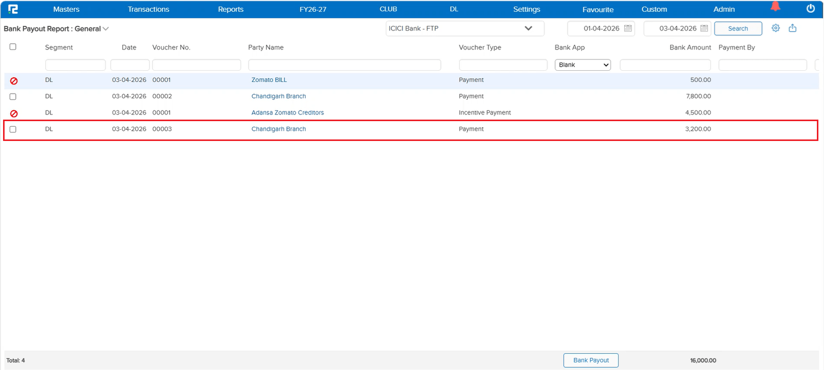 IBT payment in FTP list