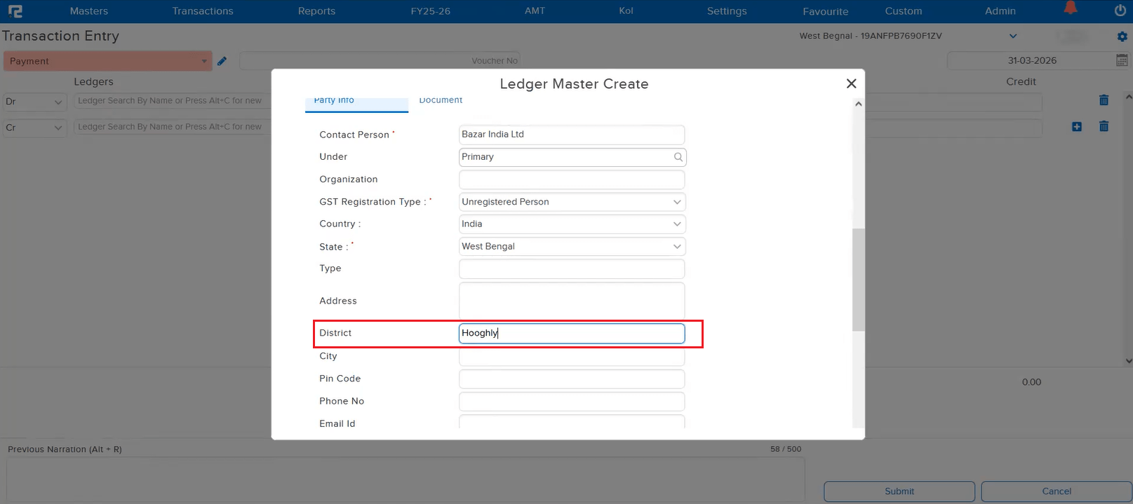 District field in Alt+C ledger form
