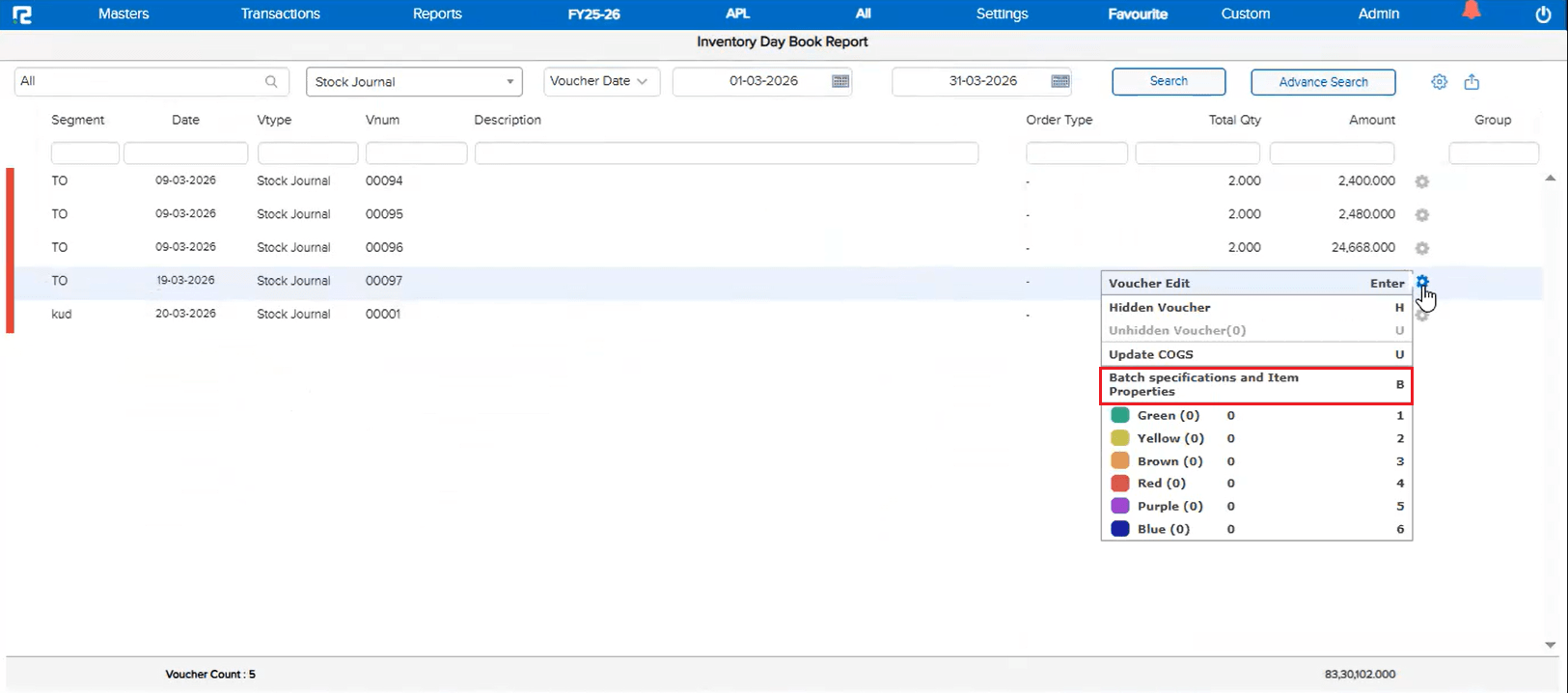Batch Specification option in Voucher Listing