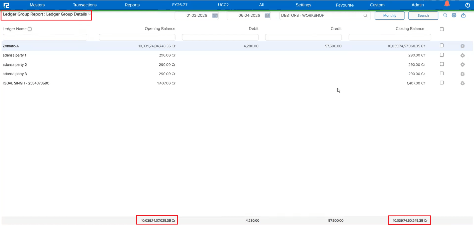 Opening Balance in Ledger Group Book