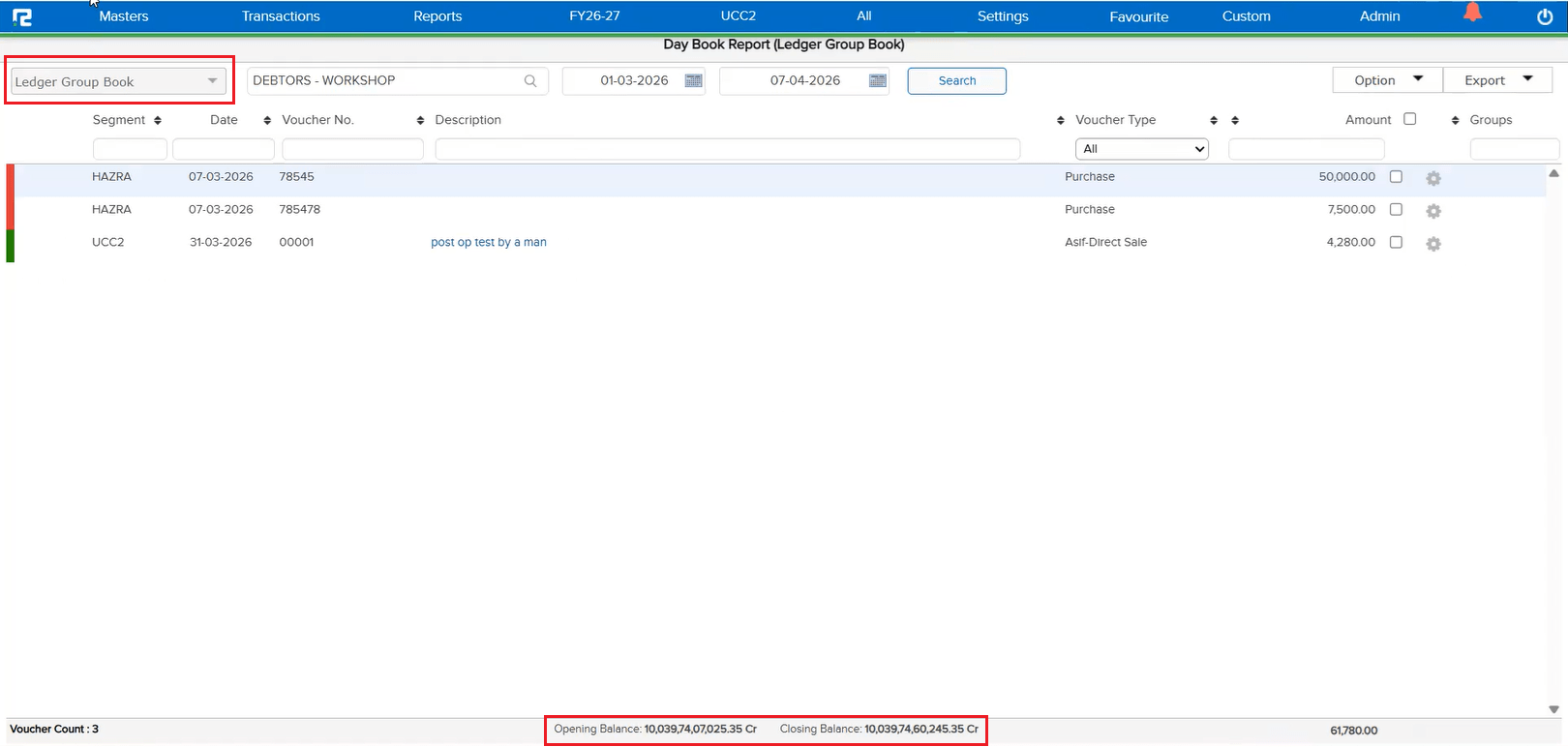 Closing Balance in Ledger Group Book
