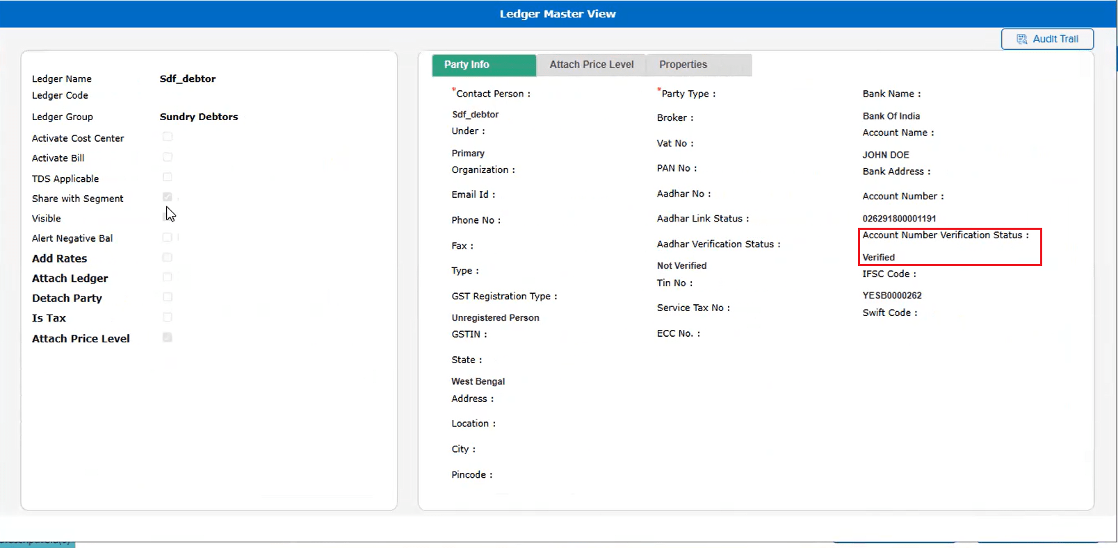 Bank verification status in ledger view