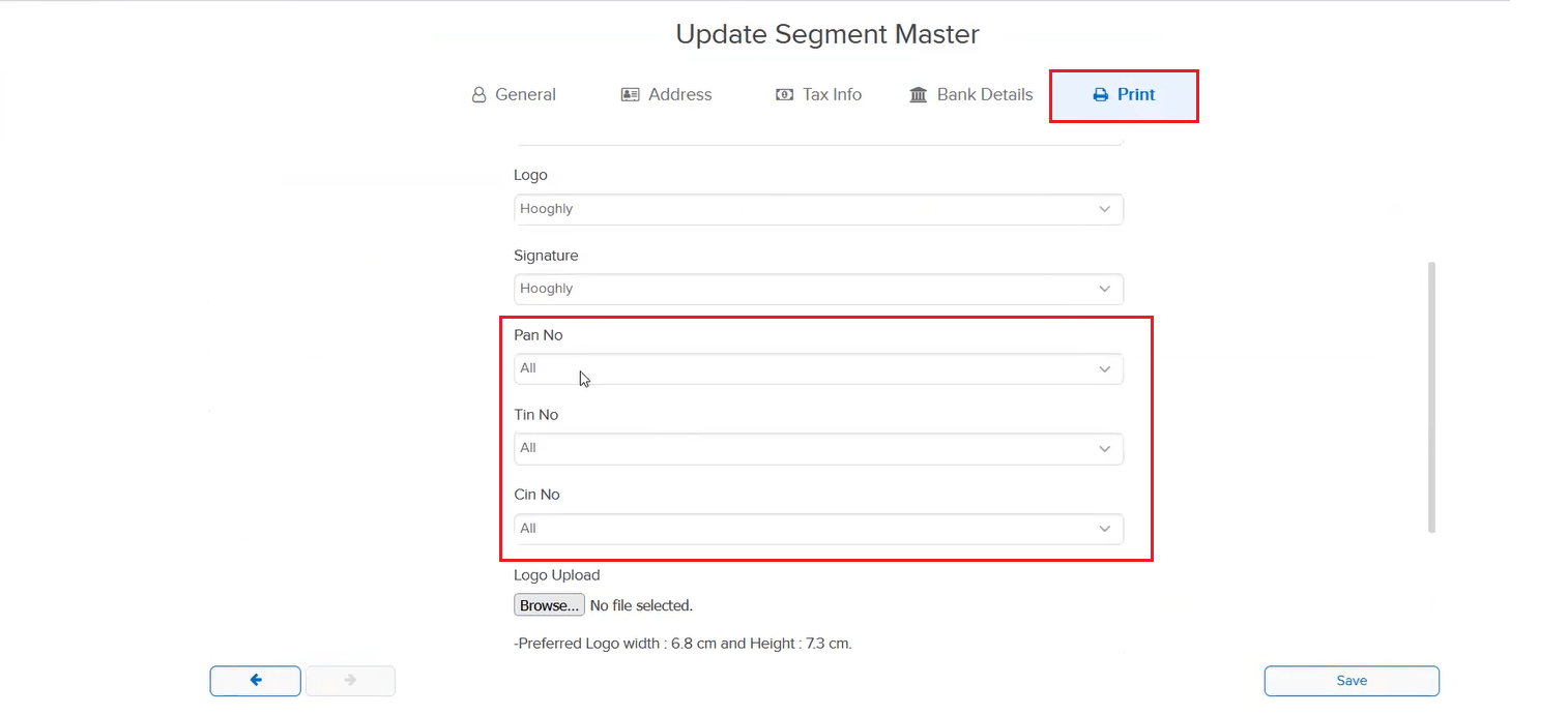 Print setup fields in Segment Master
