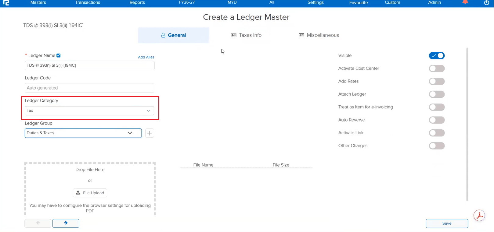 New TDS sections in Ledger Master