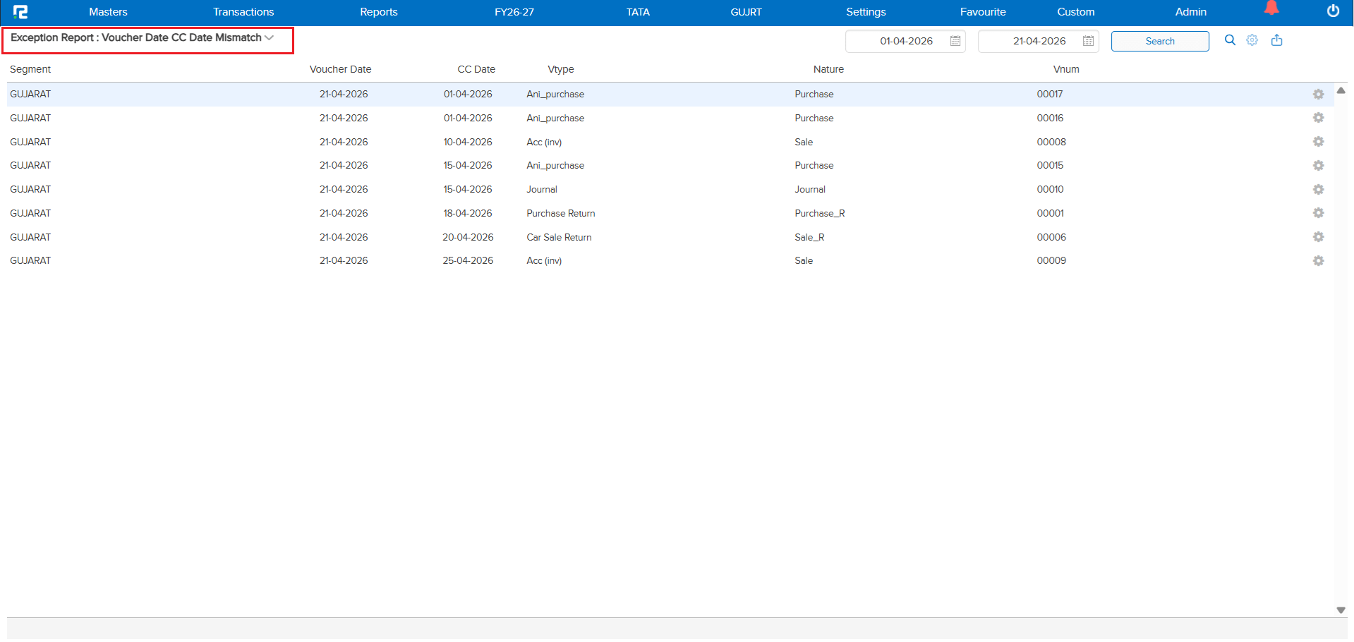 Exception Report mismatch option