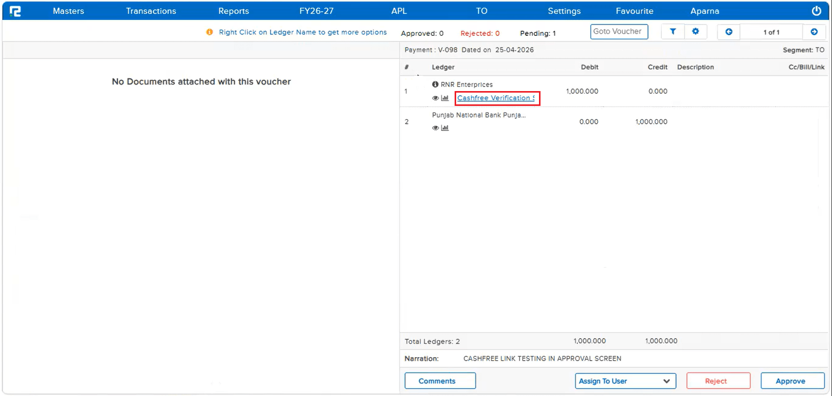 Cashfree link in Approval Screen