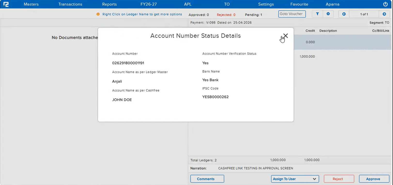 Cashfree verification details