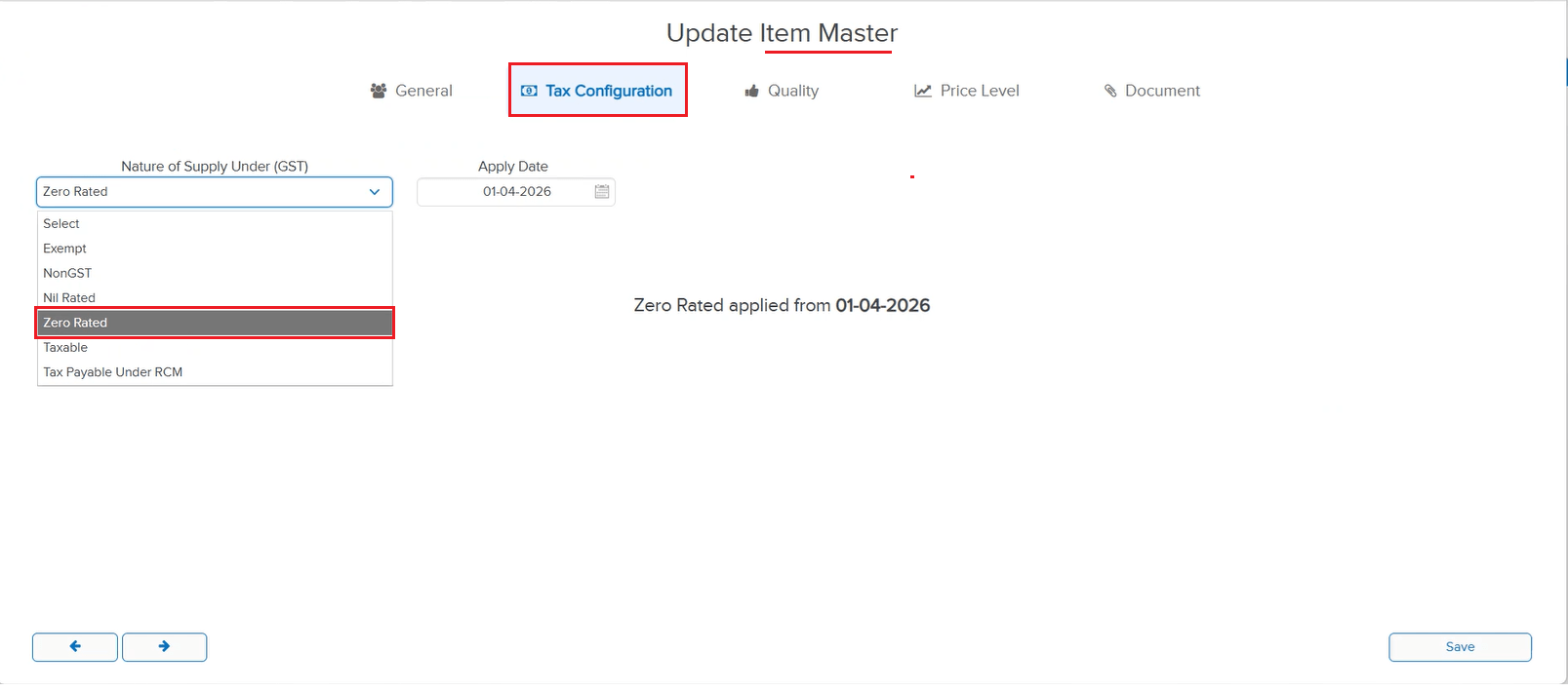 0% GST rate in Item Master