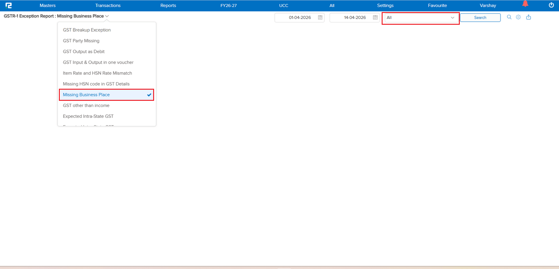 Before - BP selection in GSTR-1 Exception