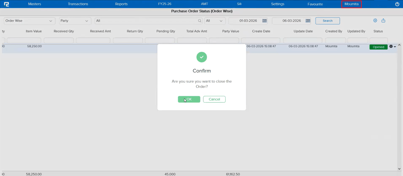 Order listing