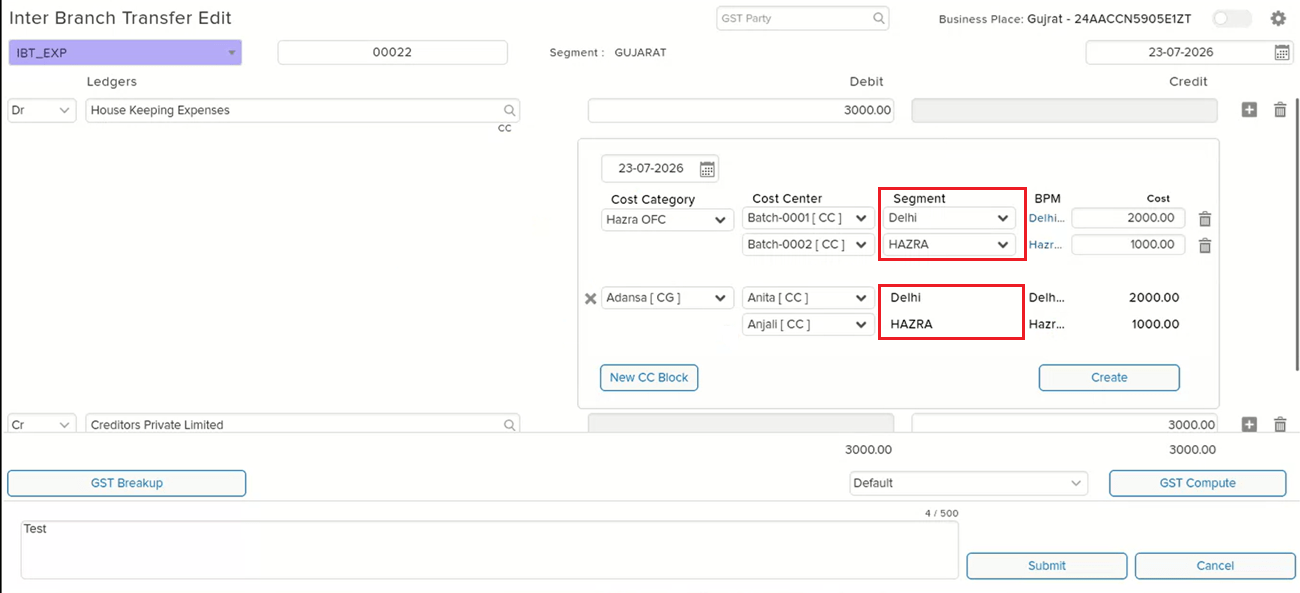 Inter Branch Transfer Edit CC view after fix showing consistent segment assignment across CC blocks