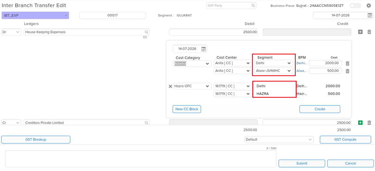 Inter Branch Transfer Edit CC view before fix showing segment assignment across CC blocks
