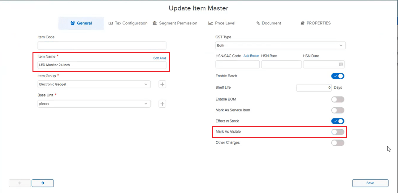 Item Master with Mark As Visible toggle disabled