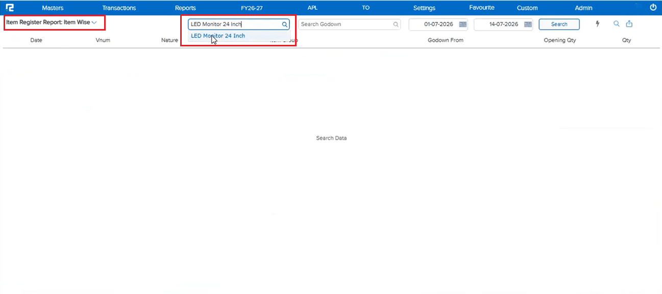 Item searchable in Item Register Report Item Wise